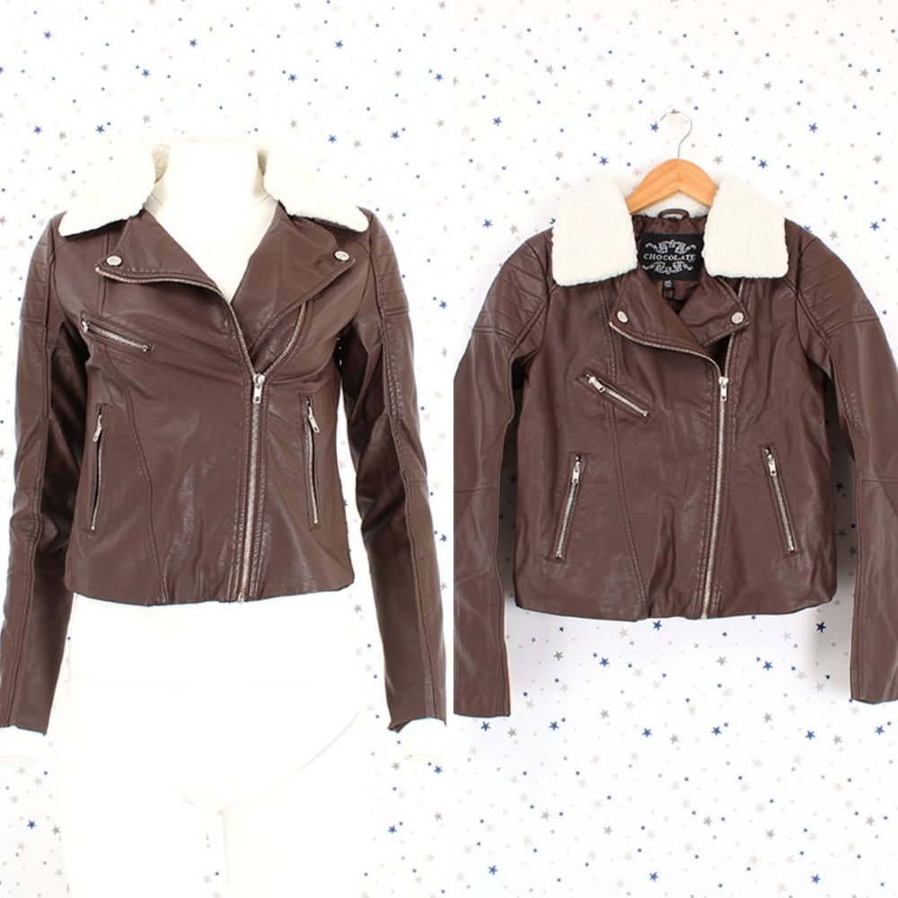 Faux Fur Collar Faux Leather Moto Jacket